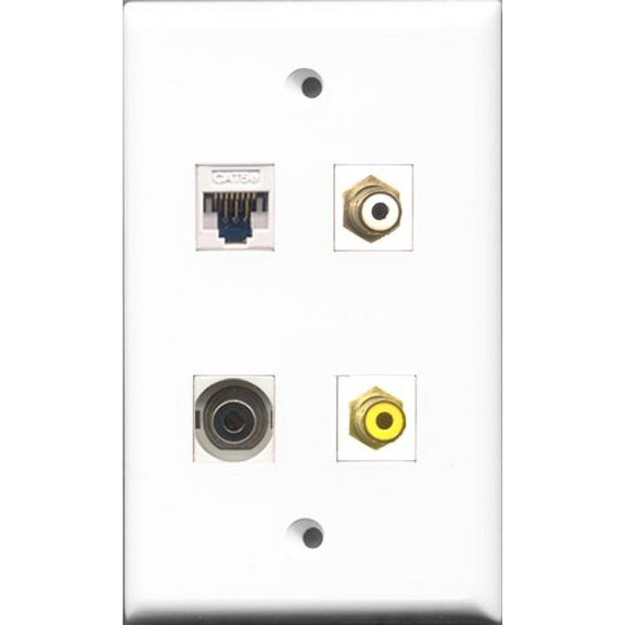 RiteAV 1 Port RCA White and 1 Port RCA Yellow and 1 Port 3.5mm and 1 Port Cat5e Ethernet White Wall Plate