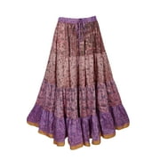 Mogul Womens Long Maxi Skirt Vintage Recycled Sari Full Flare Golden Border A-Line Bohemian Printed Ethnic Tiered Skirts