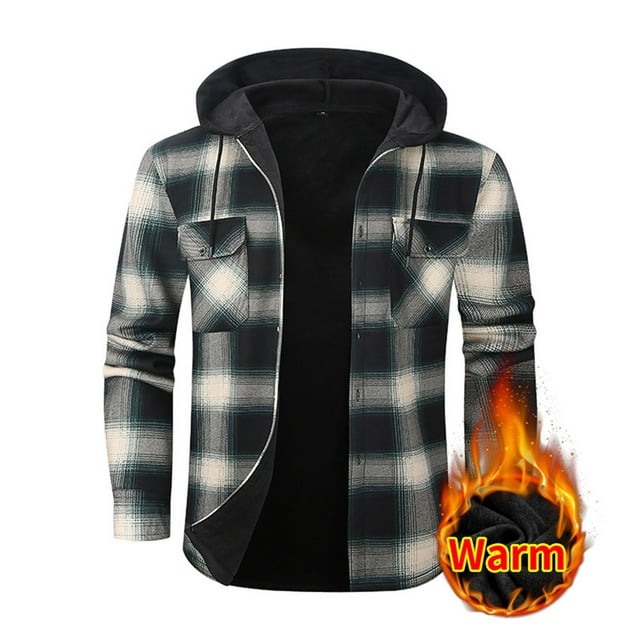 Ceisia Men's Fleece Lined Checked Hooded Shirt Jacket Double Pockets Button Warm Gift Cardigan