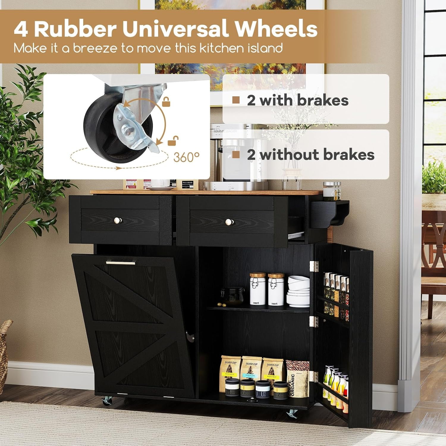 SILKYDRY Rolling Kitchen Island with Trash Can Storage Cabinet, Drop Leaf Breakfast Bar Table, Towel Holder, 2 Drawers & Door Racks, 4 Rubber Wheels, Wood Island Table for Kitchen (Black)