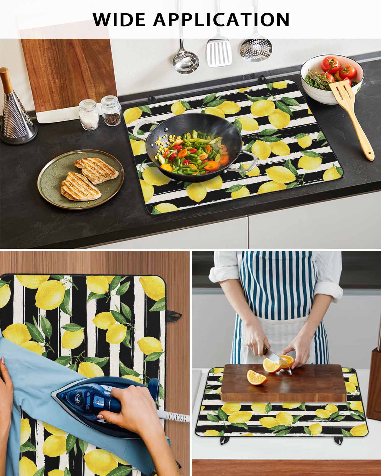 Large Induction Cooktop Protector Mat Yellow Lemons Stove Top Covers for Electric Stove, Summer Citrus Fruits Leaves Black Stripes Decorative Stove Burner Cover Mats, Glass Top Stove Cover