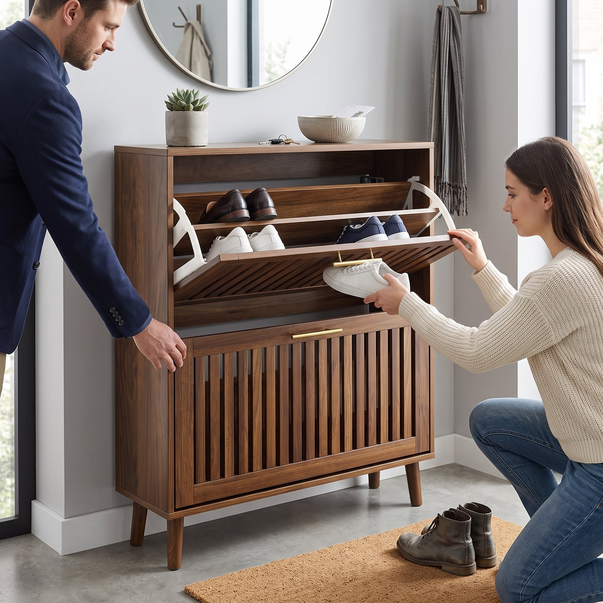 31.5in Shoe Storage Cabinet, Medieval Modern Independent Shoe Cabinet, Fence Shoe Cabinet With 2 Flip Drawers, Suitable For Corridors And Entrances