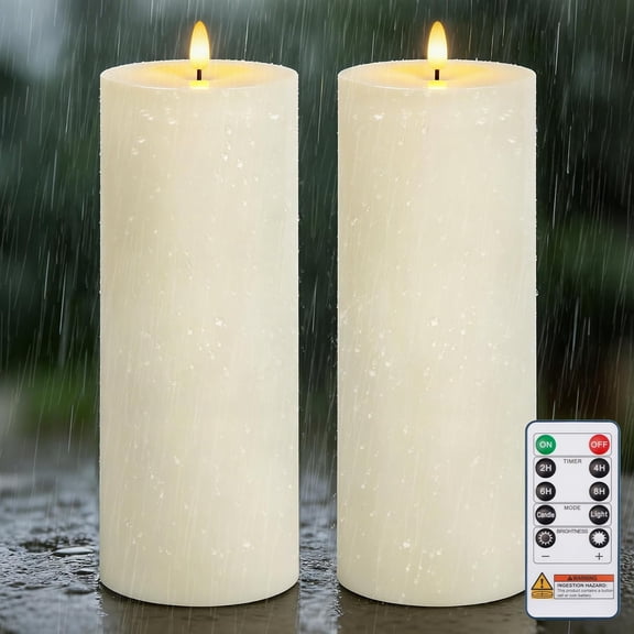 Homemory Flameless Pillar Candles Waterproof Outdoor Battery Operated LED with Remote and Timer, White, Set of 2, 4 x 12 Inch