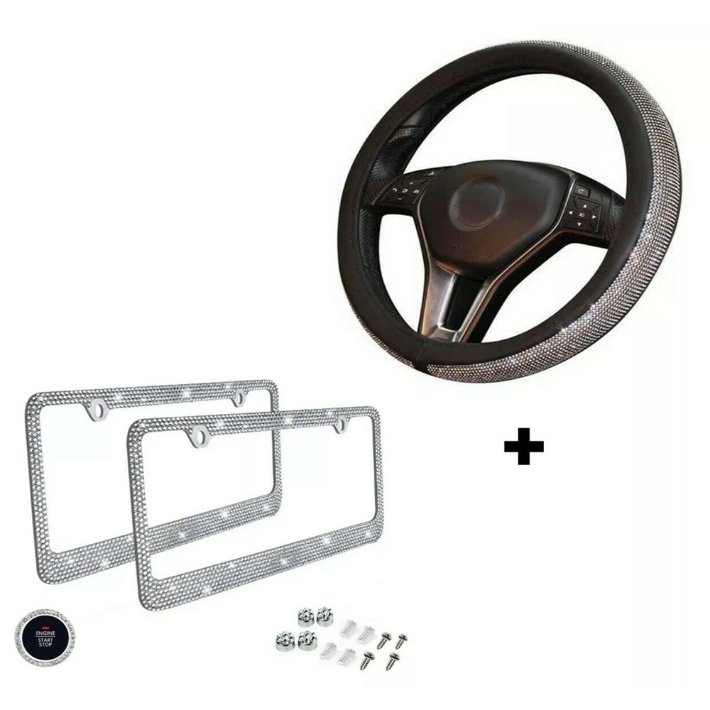 Bling License Plate Frame White Premium Stainless Steel Metal License