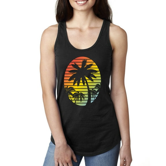Tropical Palm Trees Silhouettes with Sunset | Womens Pop Culture Jersey Racerback Tank Top, Black, Small
