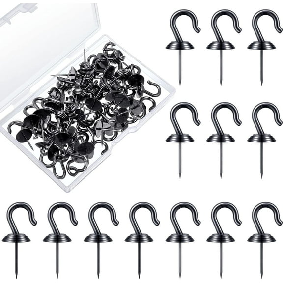 30 Pieces Push Pin Wall Hooks Metal Thumb Tack Hangers Iron Alloy Nail Decorative Picture Hooks for 20 Lbs Home Office School Party Supply (Black)