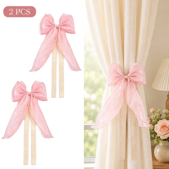 2 Pack Bow Curtain Tiebacks, Soft Ribbon Curtain Holdbacks, Sweet Bowknot for Home Decoration (Pink)