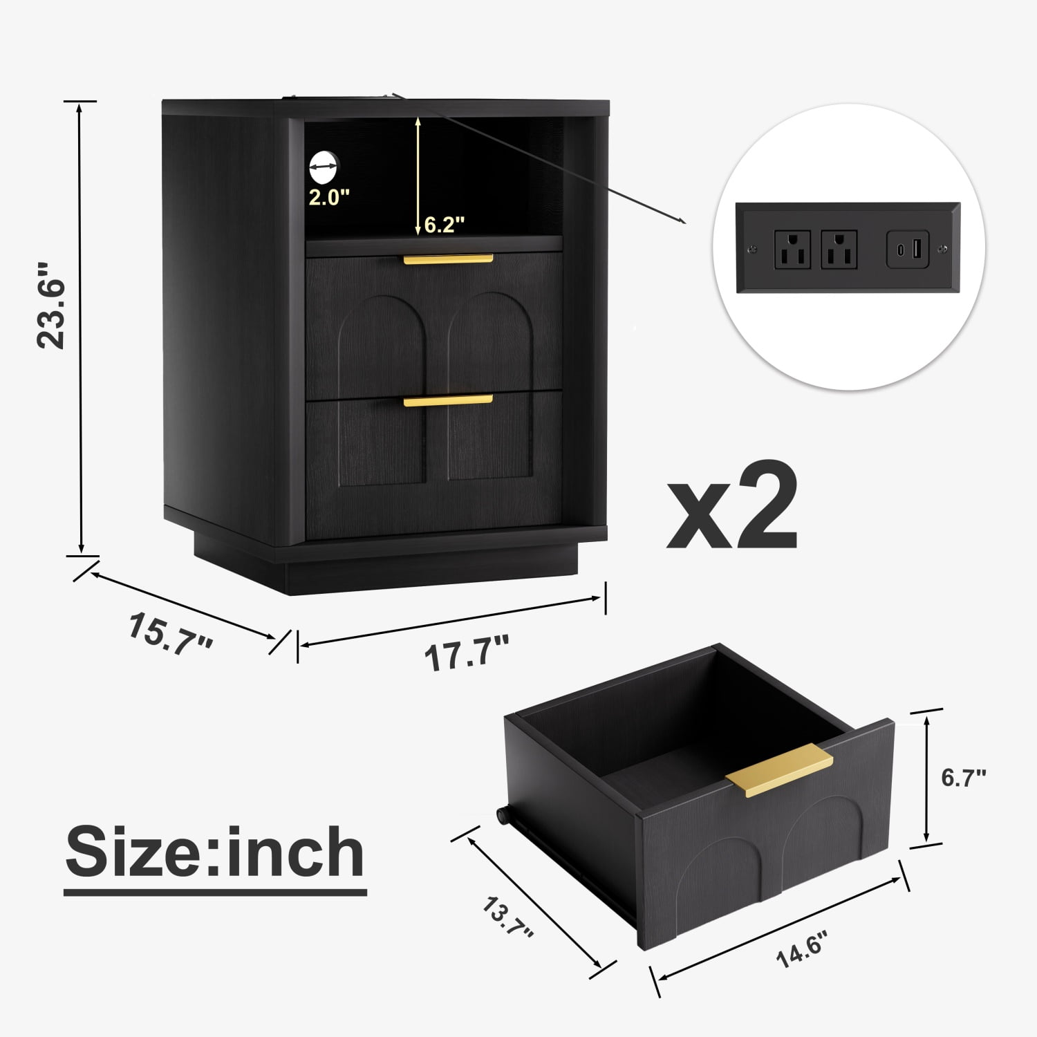 Hommoo 2-Pack Modern Nightstands with Built-in Type-C Charging Station, 2 Drawers & Open Shelf, Mid-Century Bedroom Side Tables for Bedroom, Living Room or Office, Black