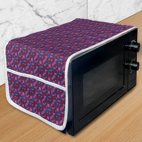 Abstract Microwave Oven Cover, Illustration of Funky Geometric Grid Groovy Rhythmic Cube Motifs, Water Resistant Organizer with Pockets for Kitchen, 36" x 12", Cobalt Blue Raspberry, by Ambesonne