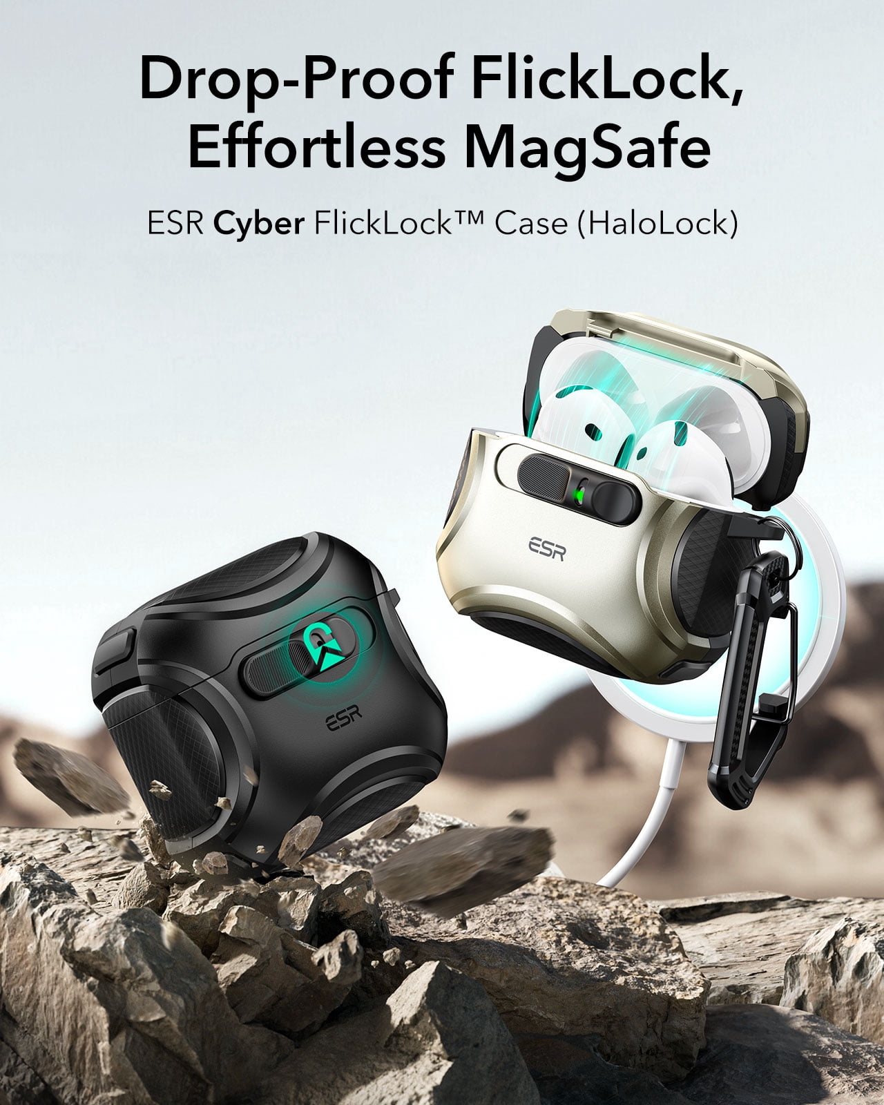 ESR Protective Case with Secure Lock, Compatible with AirPods 4th Gen (2024 USB-C Model), Shock-Absorbing & Magnetic Wireless Charging Design, Black