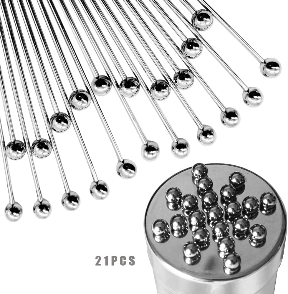 ABCISI 4.5" Metal Cocktail Picks 21Pack+Holder Jar, Premium 304 Stainless Steel Reusable Appetizer Skewers Set for Fruits, BBQ Snacks, Cocktails, Olives