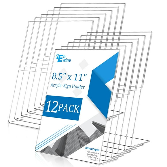 EHWINE 12 Pack 8.5 x 11 Acrylic Sign Holder, Clear Plastic Signs Display Stand, Vertical Slanted Back Paper Holder Stand up Table Top Sign Holders Flyer St