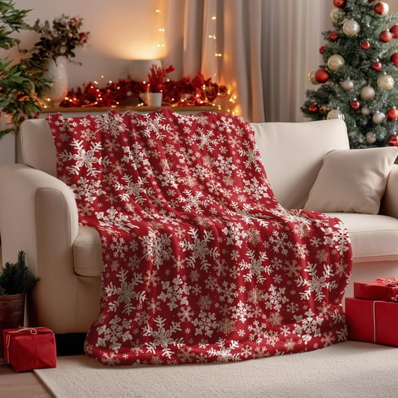 Christmas Flannel Blanket Throw, Red Snowflake Soft Fuzzy Plush Cozy Fleece Blankets for Couch Sofa Bed Lounging, Ideal Gifts for Kids Adults Wife Self, 60x80