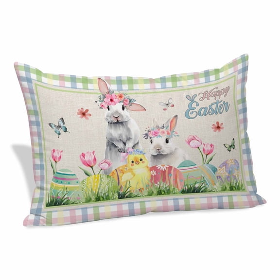 Bunny Easter Pillow Covers, Linen Long Throw Pillow Case, Spring Floral Eggs Animals Rustic Holiday Pillow Protector Decorative Cushion Cover for Living Room/Bedroom 20" x 30"