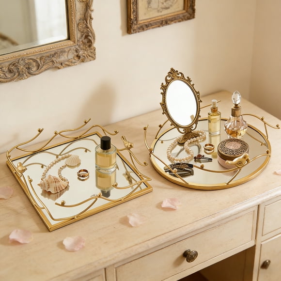 Sentmoon Serving Platter Trays for Serving Food Gold Iron Art Bird Mirror Tray Decorative Vanity Tray for Jewelry Cosmetics Perfume Storage Home Decor