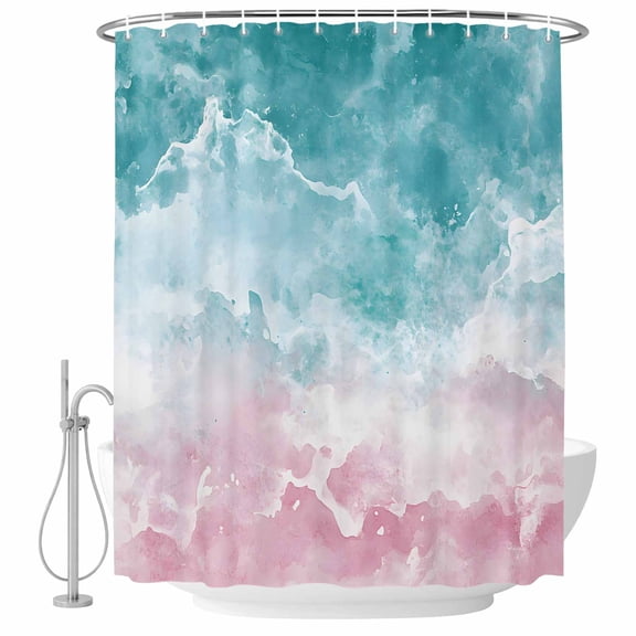 Teal Pink Ocean Waves Fabric Shower Curtain Abstract Art Washable Shower Curtains for Bathroom, Waterproof Bath Curtain with Hooks Home Decor 36x72in