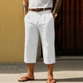 thumbnail image 2 of LWavelet Men's Linen Blend Capri Pants Button Waist with Belt Loops for Casual Daily Vacation Wear White L, 2 of 4