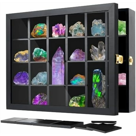 Adjustable Rock Display Case Wall Mounted, Crystal Collection Box with Shelves, Wooden Rock Collection Box for Kid and Collectibles