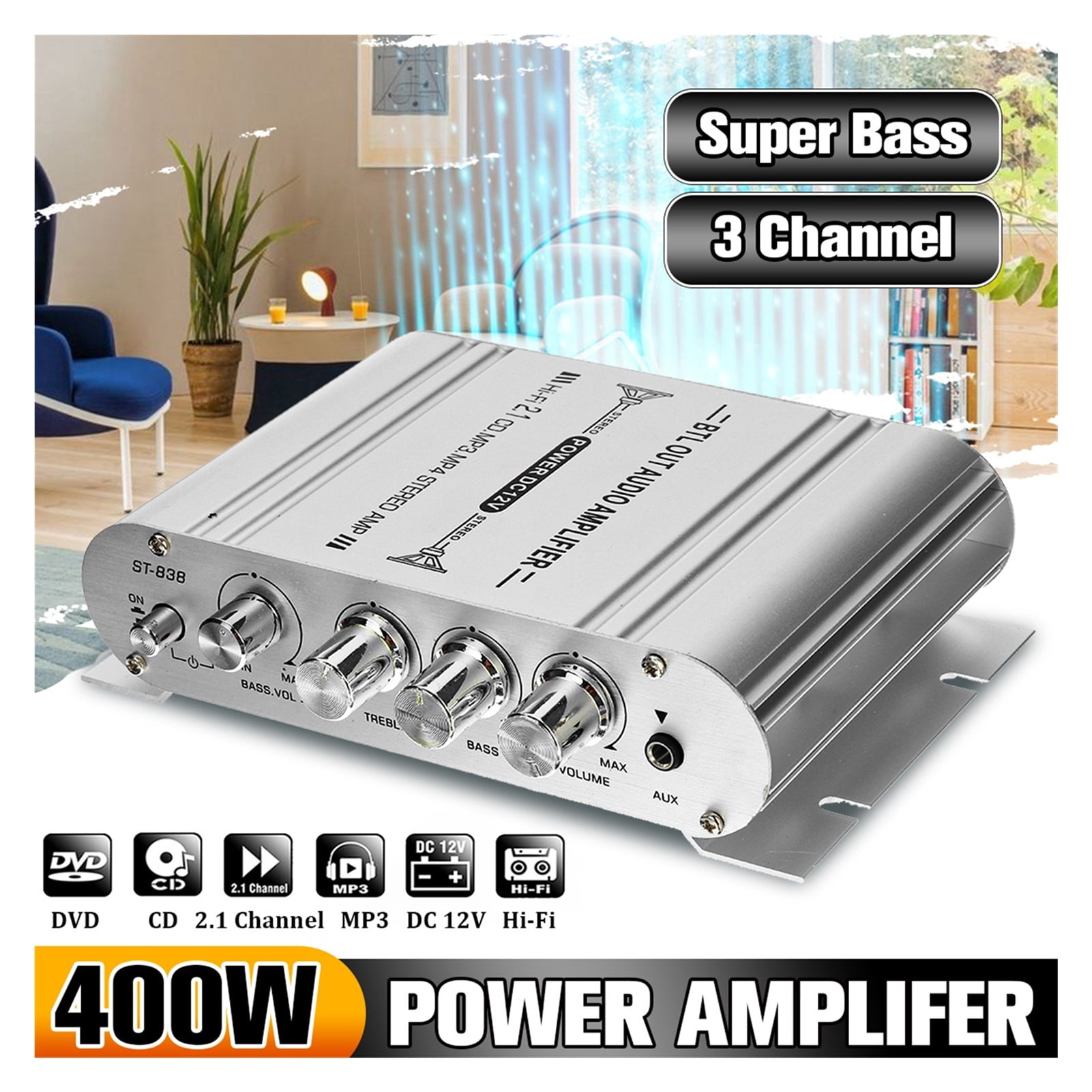2.1CH 40W 2x20W Digital Car Power Amplifier Hi-Fi Stereo Bass Amplifier Support Connection Of 2 Speakers And A Subwoofer ,Multiple Applications