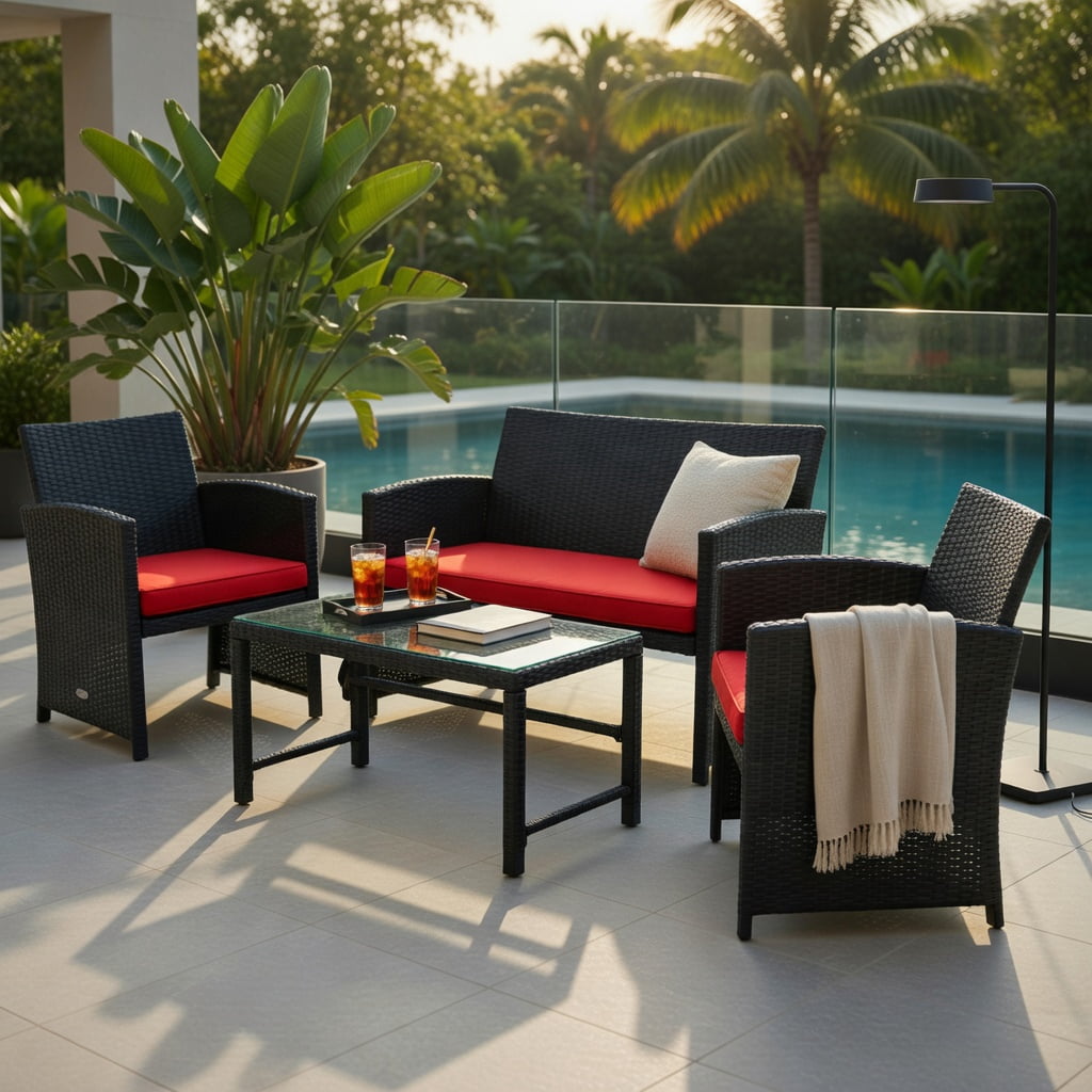 Hommoo 4-Piece Outdoor Rattan Patio Furniture Set with Cushions, Loveseat, 2 Chairs, Tempered Glass Coffee Table, Red