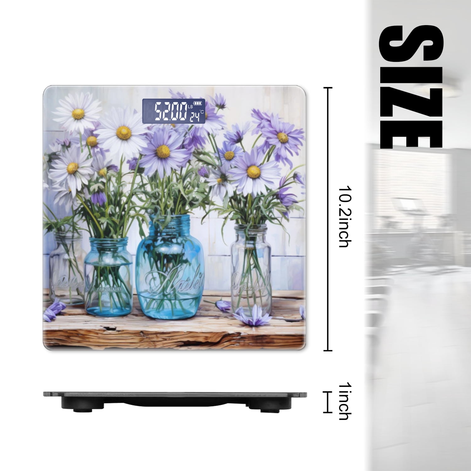High Precision Body Weight Scale Smart Bathroom Scales with Large LCD Display(400lbs),Decorative for Bedroom-Daisies In Glass Jars With White And Purple Daisy Flowers