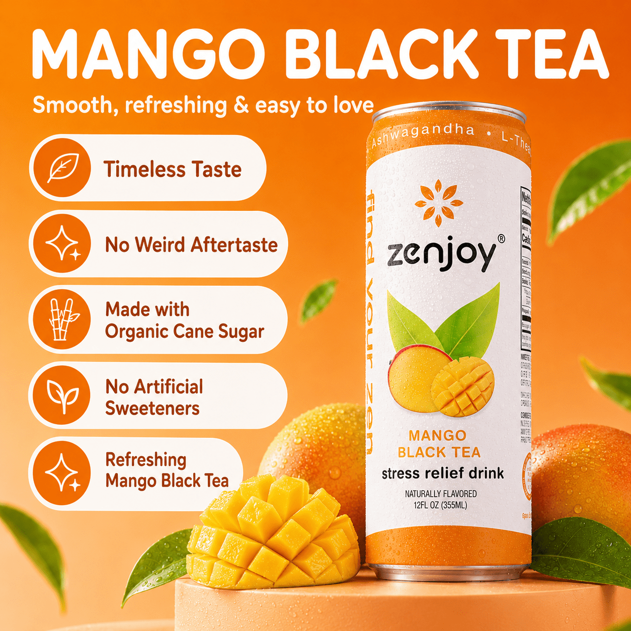 Zenjoy Stress Reief Drink, Calming Black Tea, Non Alcoholic, Ashwagandha & Lemon Balm for Stress Relief, L - Theanine for Focus (12 Pack) (Mango)