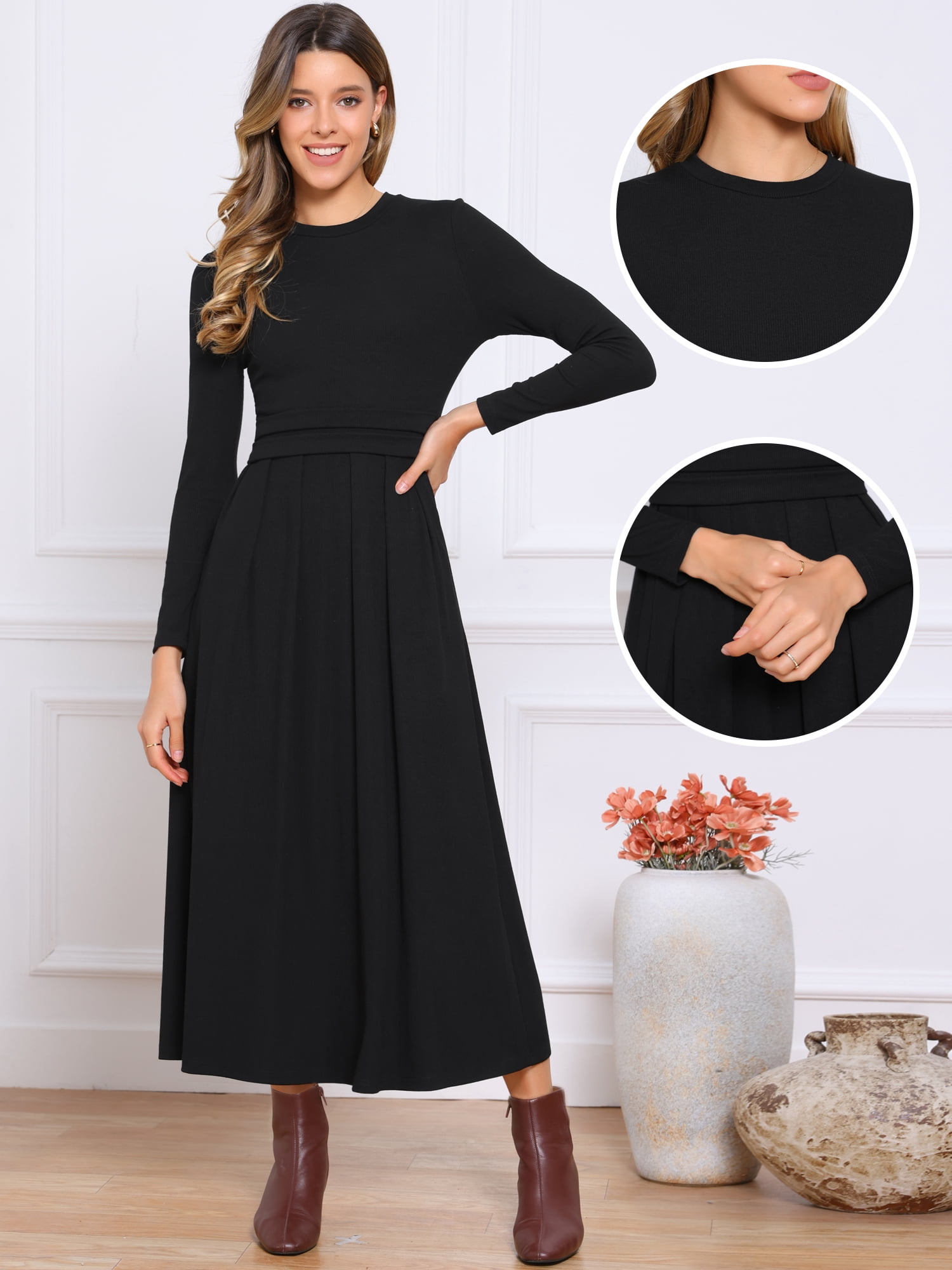 DARING DIVA Women's Long Sleeve Maxi Casual Formal Spring A-Line Dress L Black