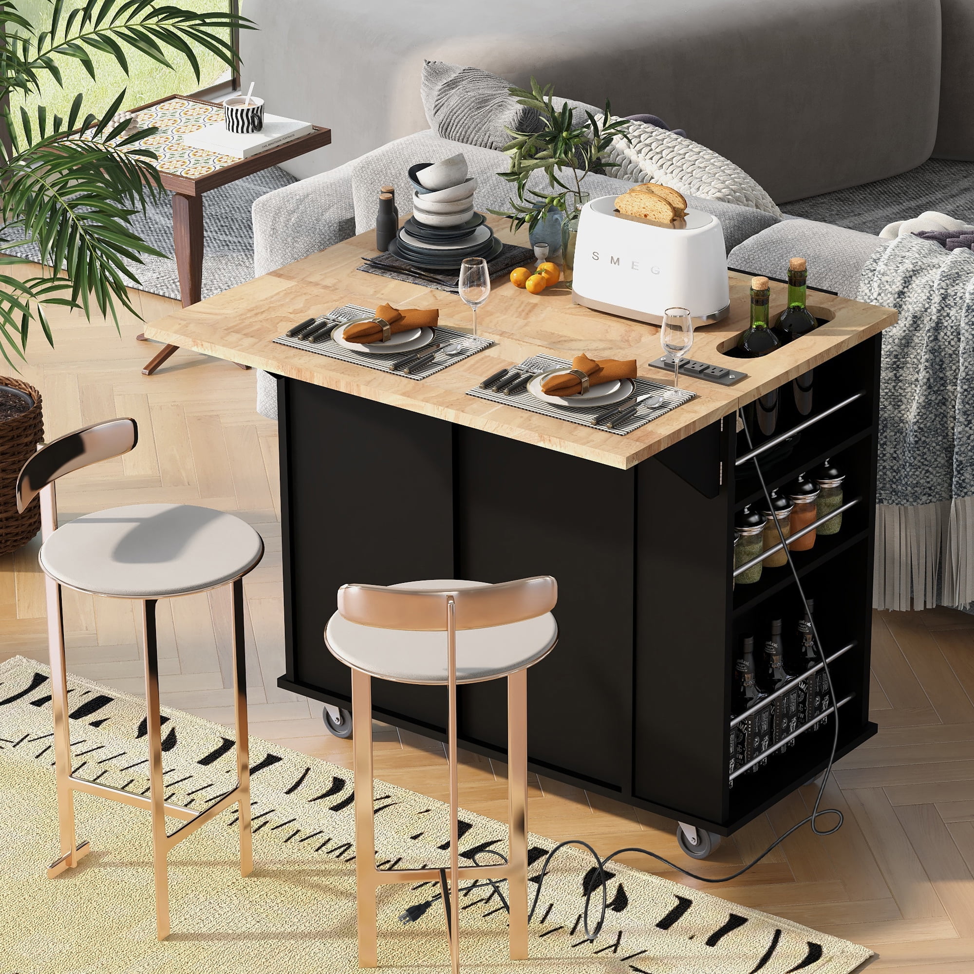 Lunale 39.8" Kitchen Island with Drop Leaf, Power Outlets, Rolling Storage Kitchen Cart with Wine Cup Rack, Black