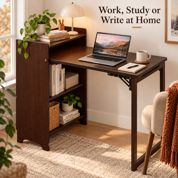 GOMYHOME Bamboo Folding Desk with Storage Shelves, 39.37 in, Walnut Brown