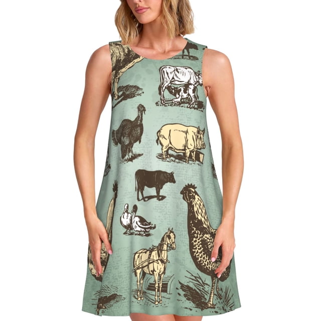Disketp Vintage Farm Animals para Vestido sin Mangas para Mujeres, Vestidos de Verano para Mujeres, Casual y Holgado para la Playa