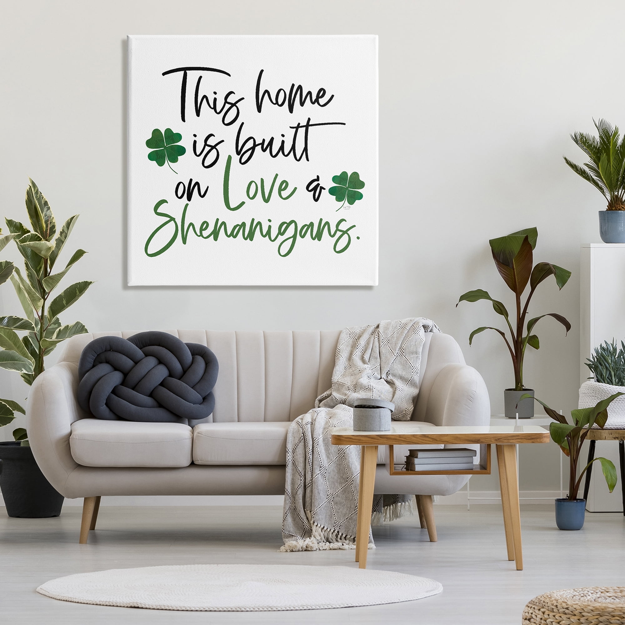 Love & Shenanigans Lucky Green Clover Calligraphy Quote Inspirational Graphic Art Gallery-Wrapped Canvas Print Wall Art
