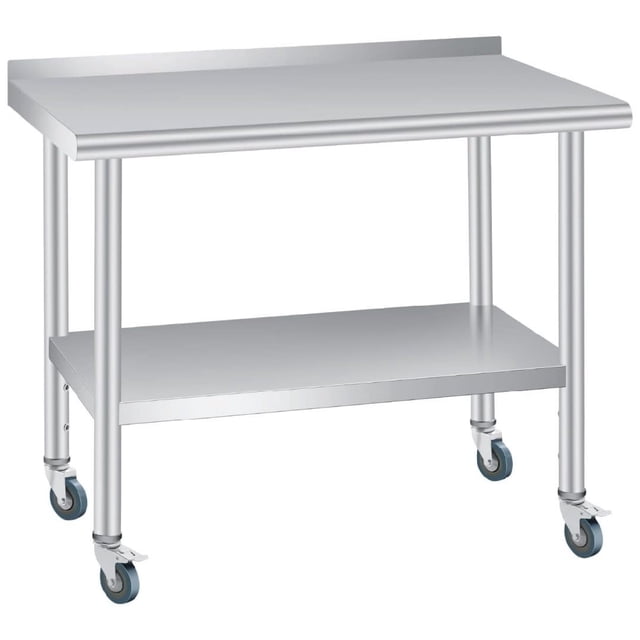 Bingirl Table de Travail de Préparation Commerciale Robuste en Acier Inoxydable 48x24 Pouces avec Dosseret, 4 Roulettes et Tablette Inférieure Ajustable pour Restaurant, Entreprise, Maison et Usage Extérieur