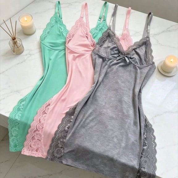 Three-piece combination women's solid color lace splicing skirt side sub-lace loungewear comfortable pajamas
