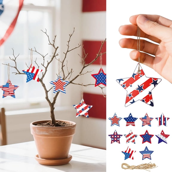 Fourth of July Decorations, Star Decorations, Patriotic Decor, 3X3 in Paper Tags, Jute Twine, Indoor Outdoor Hanging, American Flag, Red White and Blue Decorations, 10 Pc, 10 Set