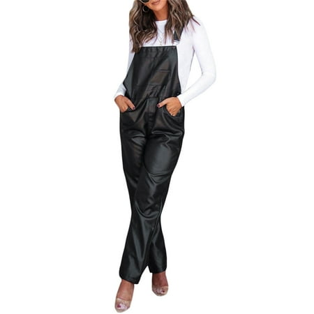

Ma&Baby Women Leather Bib Overalls Casual Sleeveless Cargo Straight Leg Jumpsuit with Pockets