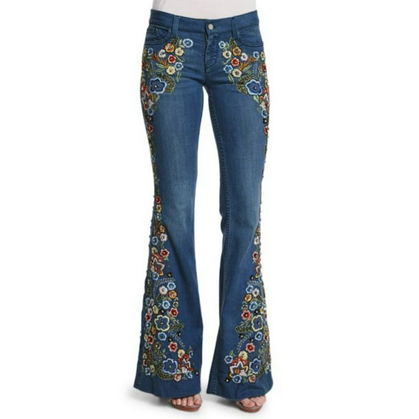 WILLBEST Jeans Mujer Pantalones Vaqueros Acampanados Con Bordado de Mezclilla para Mujer, Pantalones Con Botones En La Cintura, 2025, Cómodos y Elásticos. Chica