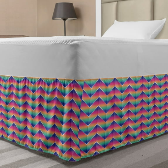 Colorful Bed Skirt, Triangular Shapes with Retro Funky Zigzag Patterns in Rainbow Colors Abstract Art, Elastic Bedskirt Dust Ruffle Wrap Around for Bedding Decor, 4 Sizes, Multicolor, by Ambesonne