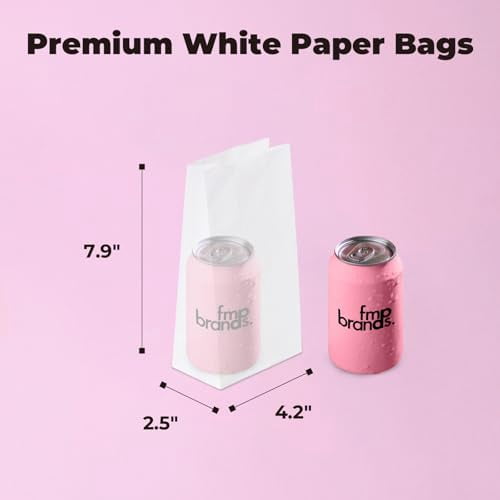 Fit Meal Prep 200 Pack 2 lb White Paper Lunch Bags, 7.88 x 4.13 x 2.5" Premium White Paper Bags Bulk for Small Business, Recyclable Snack Sacks, Durable Small Grocery Bag for Food Storage