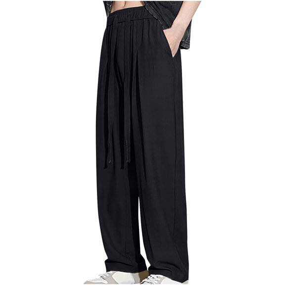 Yaoyar Mens Regular Fit Pants Drawstring Wide Leg Sweatpants Comfort Elastic Waist Yoga Pants(Black,2XL)