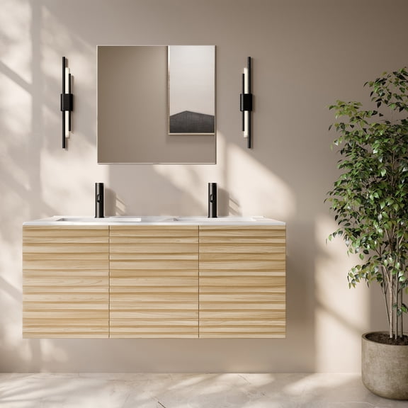 Cascade 48" Wall-Mounted Bathroom Vanity in Natural Oak with Double Basin Sink Top