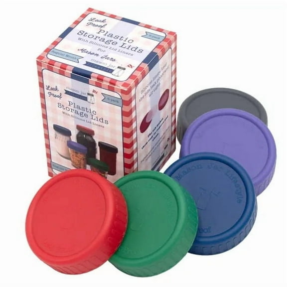Mason Jar Lifestyle Leak Proof Plastic Storage Lids with Seals, Regular Mouth - 5 Pack