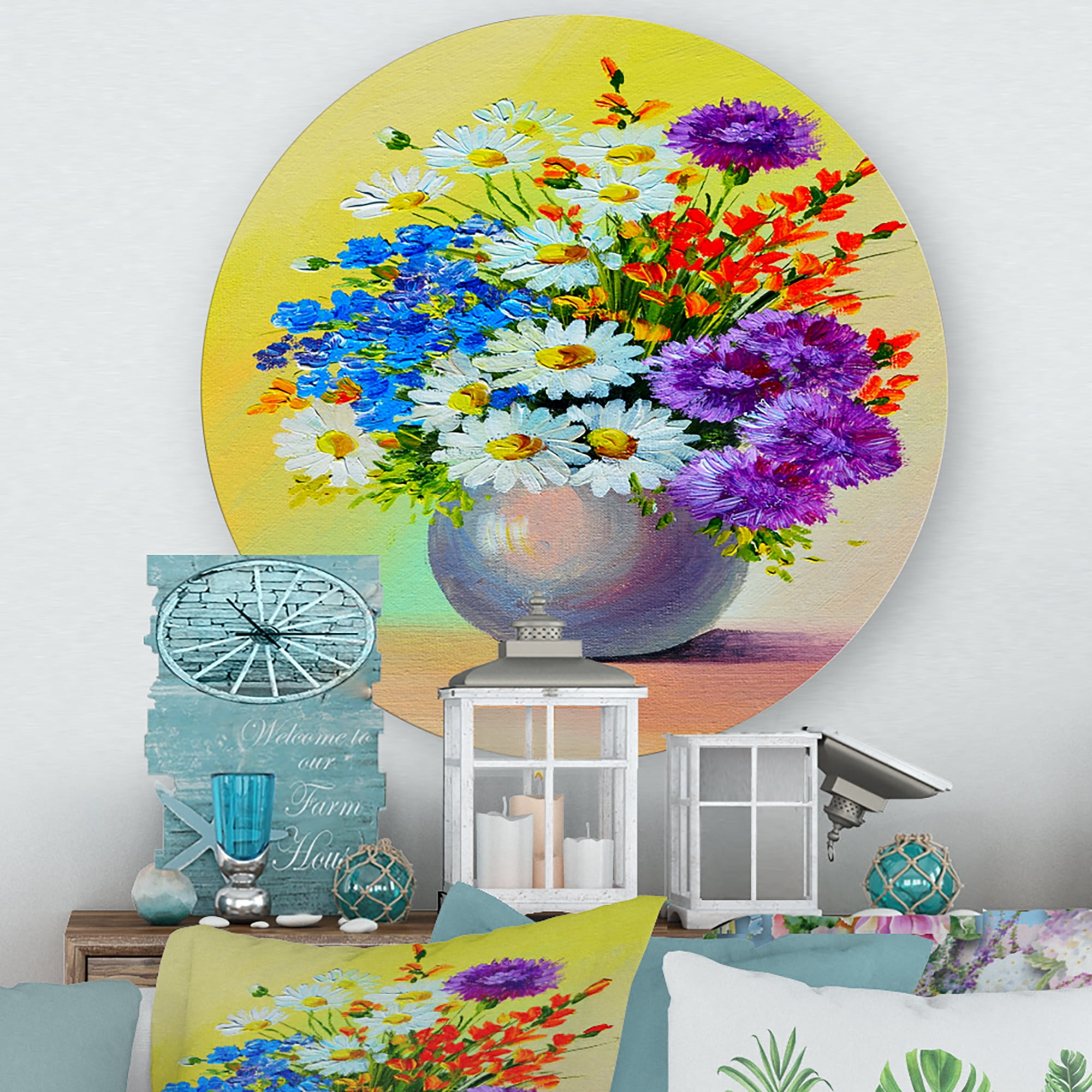 Designart 'Still Life A Bouquet Of Red Blue & White Flowers' Traditional Circle Metal Wall Art 23x23 - Disc of 23
