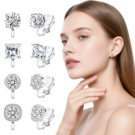 DESIGNICE 4 Pairs Clip on Earrings Set,Silver-Plated Rhinestone Mini Clip Earrings for Women,Charming Fashion Earring Set,Non-Pierced Earrings for Sensitive Ears Women