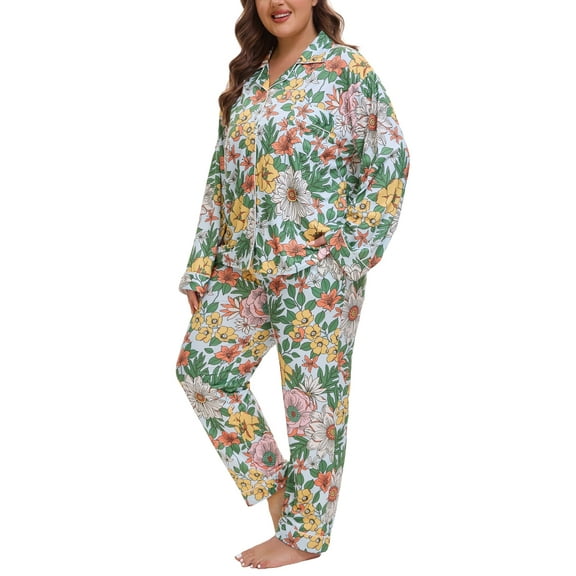 MUKVIK Plus Size Pajamas for Women Set Long Sleeve Button Down with Pockets