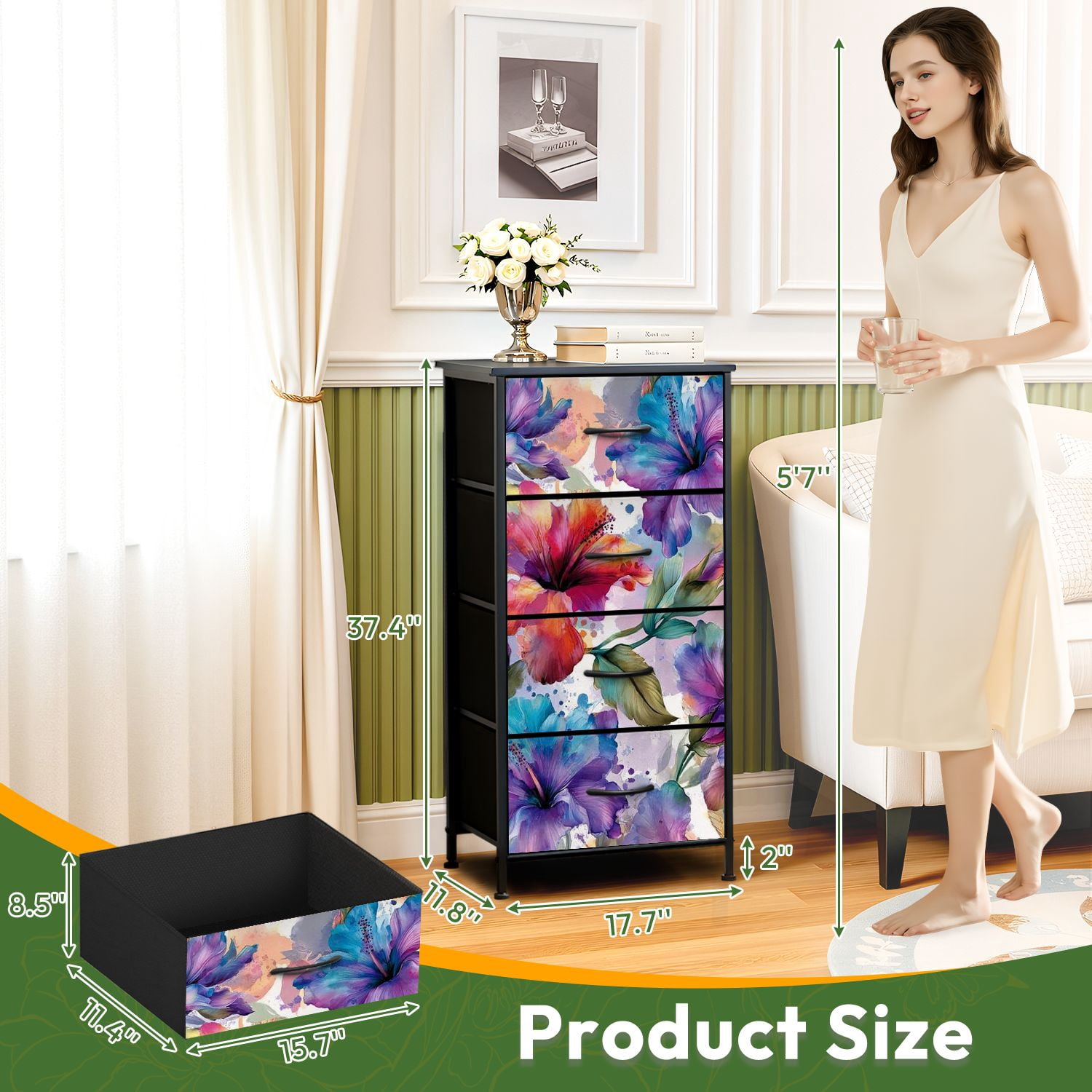 4 Drawer Vertical Storage Dresser Watercolor beautiful hibiscus flowers Dirty colorful with Wood Top Fabric Pull Drawers