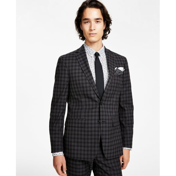Bar III Mens Slim Fit Check Suit Jacket Brown Check 38S Sport Coat