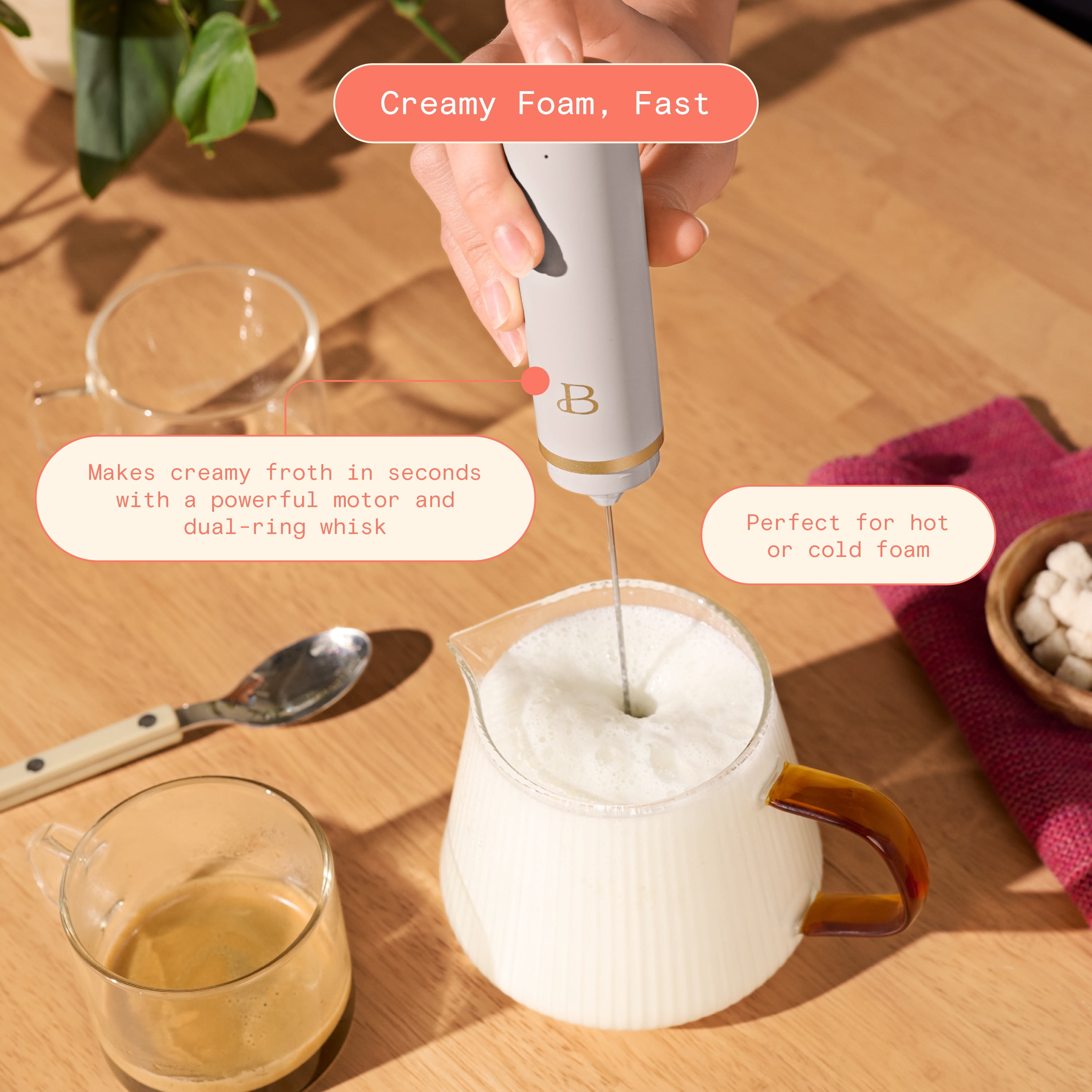 Beautiful Handheld Rechargeable Milk Frother, Porcini Taupe by Drew Barrymore