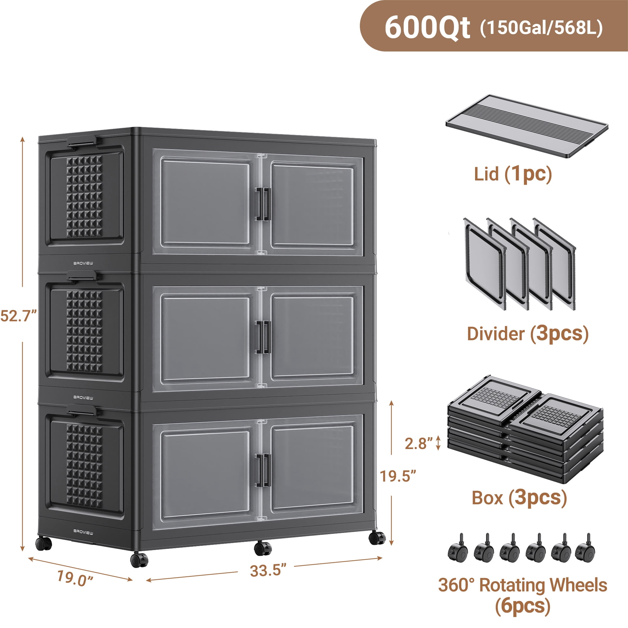Broview 600QT Stackable Storage Bins with Lid, Wheels & Dividers, Extra Large Collapsible Plastic Closet Organizers Storage Cabinet Box,3Pack Black