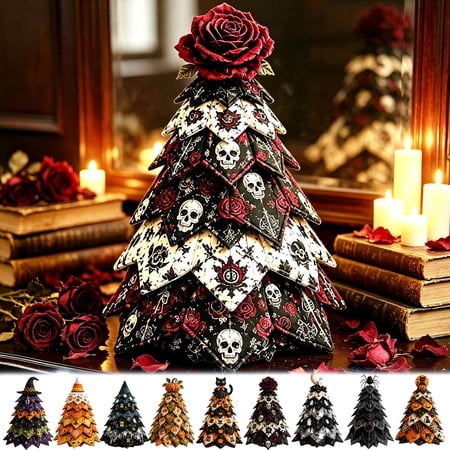 Halloween Quilted Fabric Tree Kit 3D Patchwork Kit DIY Christmas Tree Quilt Kit Holiday Patchwork Sewing Craft Kit,Rose Skull