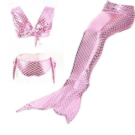 Estink Girls 3pcs Mermaid Tail Swiming Costume Swimwear Top Panties Monofin Flippers Swimsuit Swimmable Swimwear for Kids Girls Pink Great Gift for Children (110)